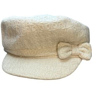 White Tweed Newsboy Cap Bow Geometric Textured Coquette French Girl